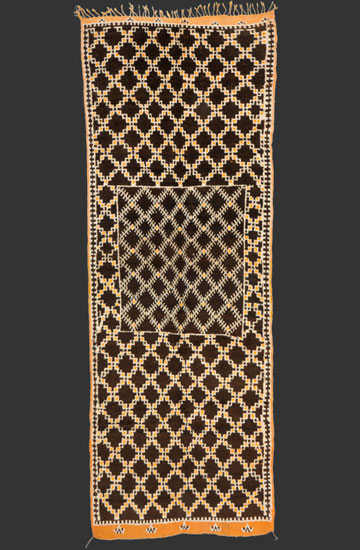 TM 2318, fine + elegant pile rug  with a classical white on black design, a squarish medaillon with diamond raster in a diamond field of different pattern, Ait Ouaouzguite confederation near Tazenakht, Jebel Siroua region / Anti-Atlas, Morocco, 1940s, 390 x 145 cm / 12' 6'' x 4' 10'', high resolution image + price on request